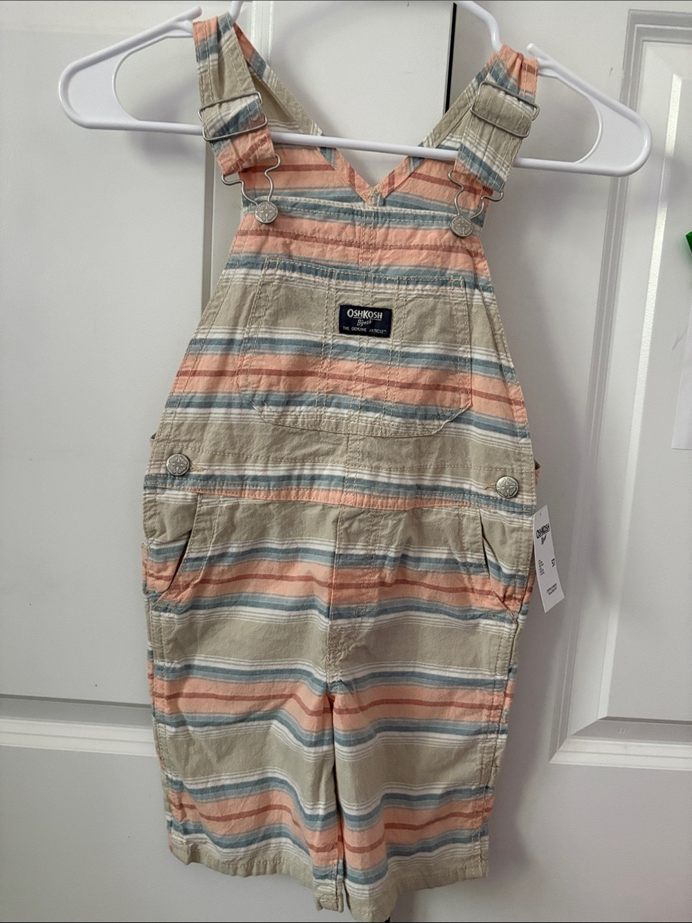 NWT OshKosh B'gosh Striped Short Overalls in Beige,Coral & Blue Brand new w tag